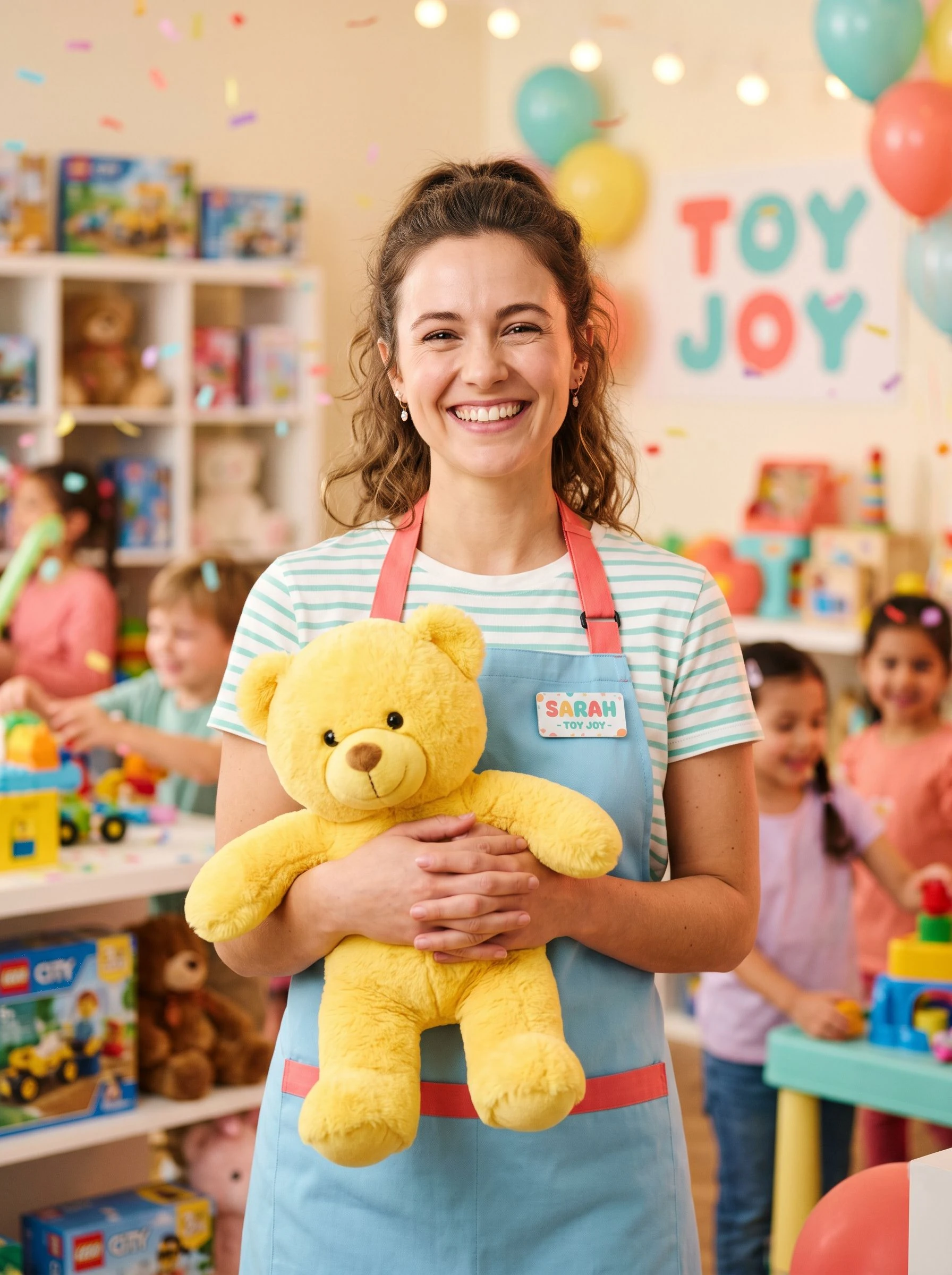 Продавец Марина с искренней улыбкой держит яркую игрушку