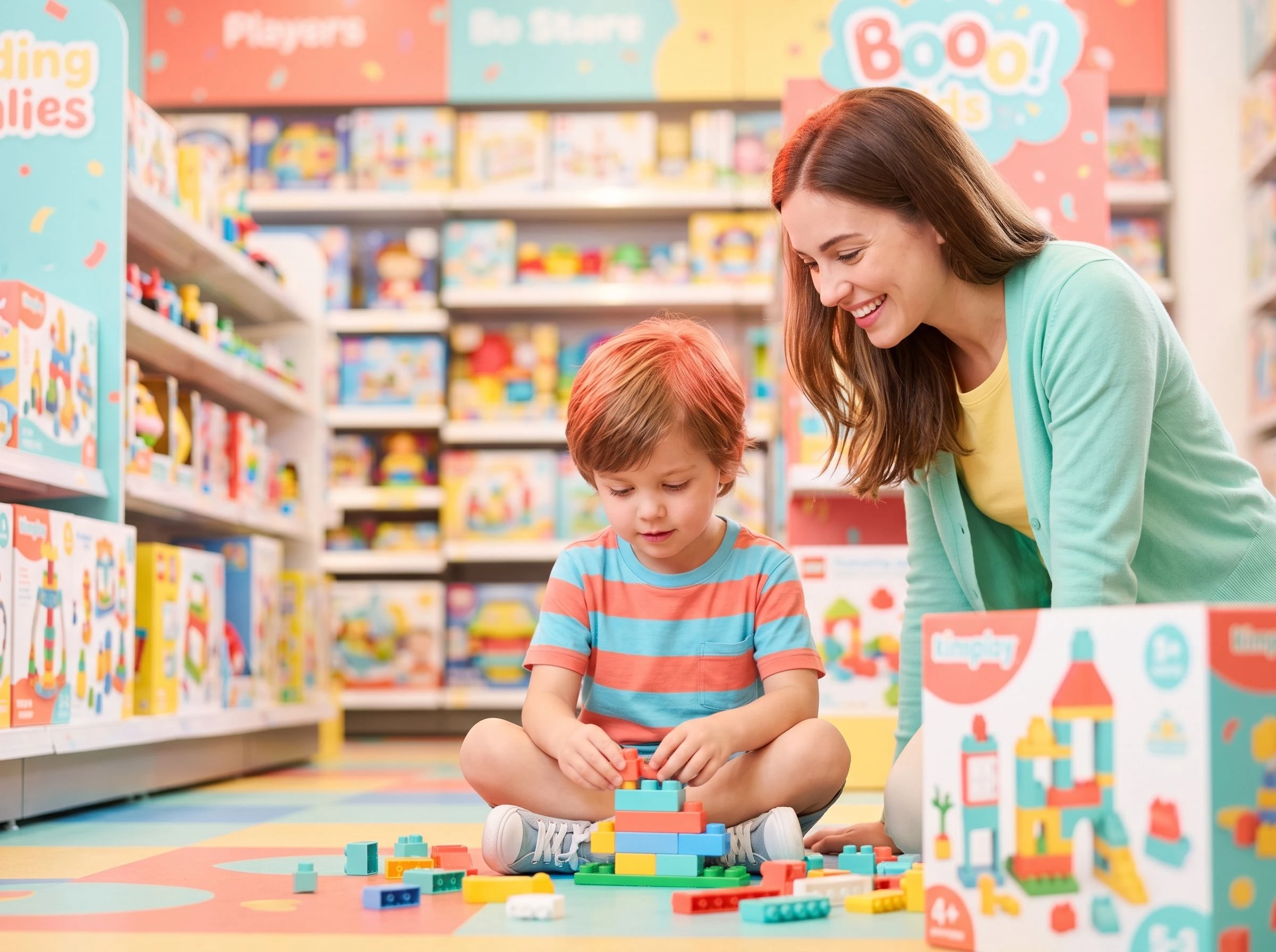 Ребёнок играет у полки, рядом улыбается родитель